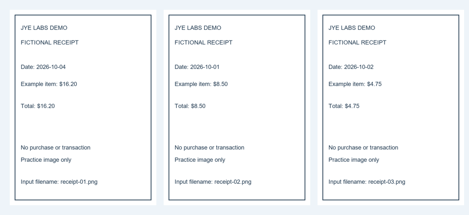 Three fictional receipts labeled with their dates